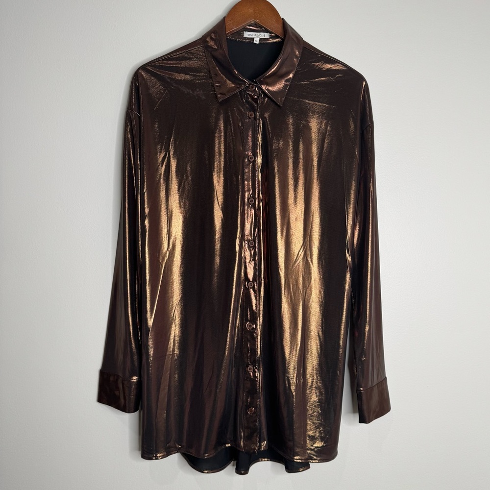 Remi x Revolve Metallic Bronze Longline Button Up Collared Shirt‎ Top Medium